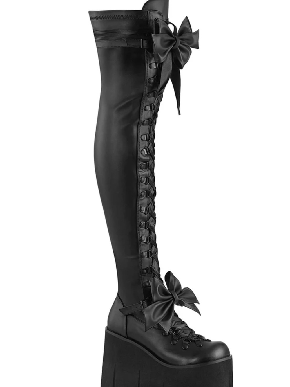 Demonia Kera 303 Black Over-The-Knee Lace-Up Platform Boots with Bows